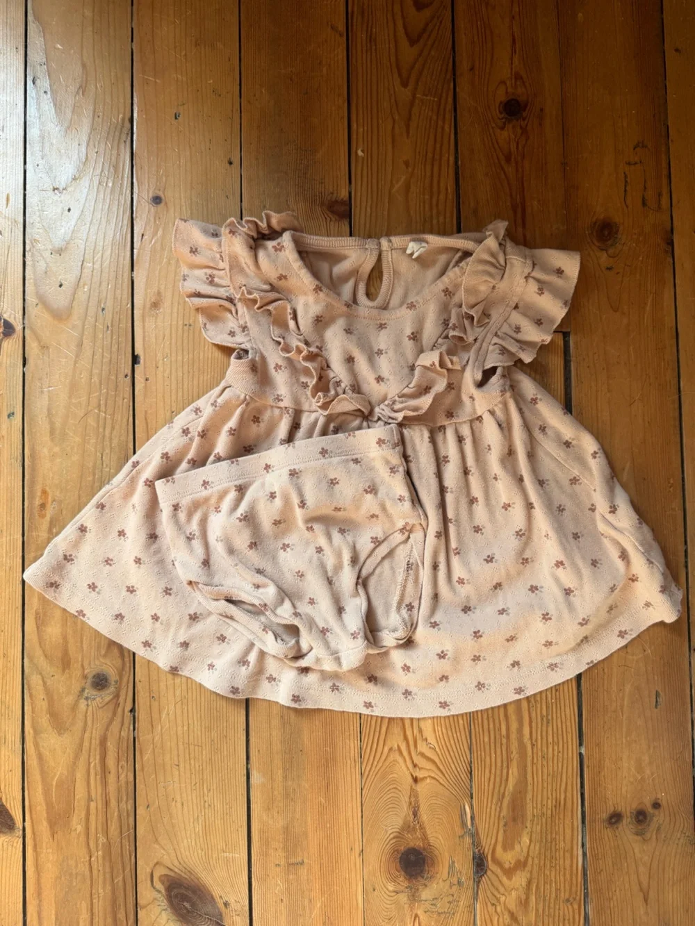 Quincy Mae Fall Floral Beige Organic Cotton Dress and Bloomer set | 18m